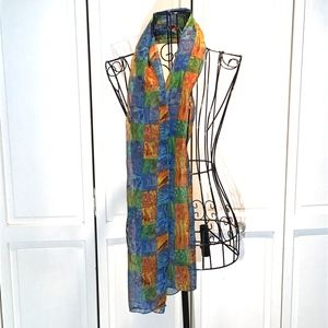 Vintage Scarf Blue Green Orange Gold Squares